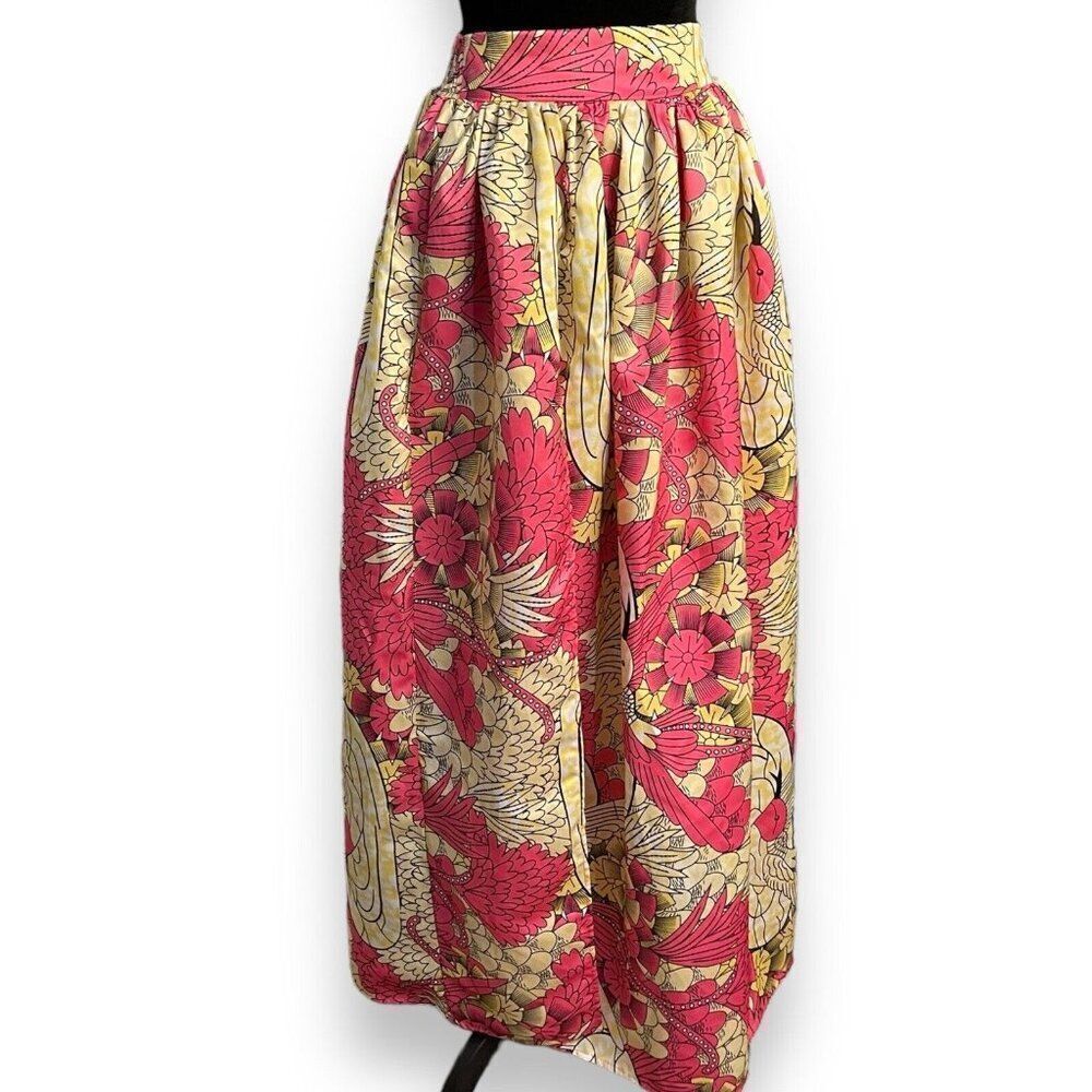Maxi Length Flare Skirt Womens Small Pink Yellow Floral Pockets Boho Slit Ethnic